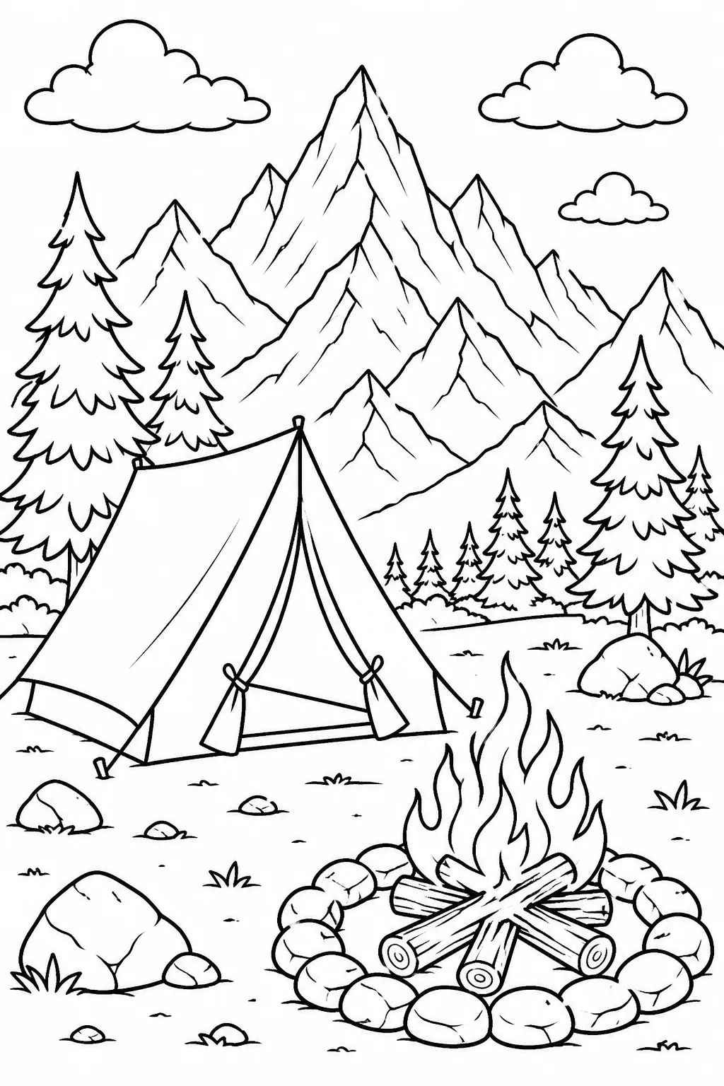 Camping Scene Coloring Pages Free Printable for Kids - Design 5