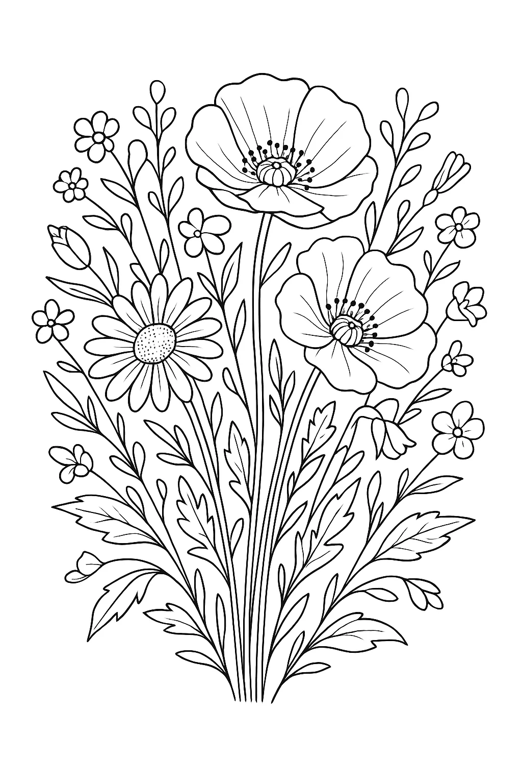 Wildflowers Bouquet Coloring Page Free Printable - Design 1