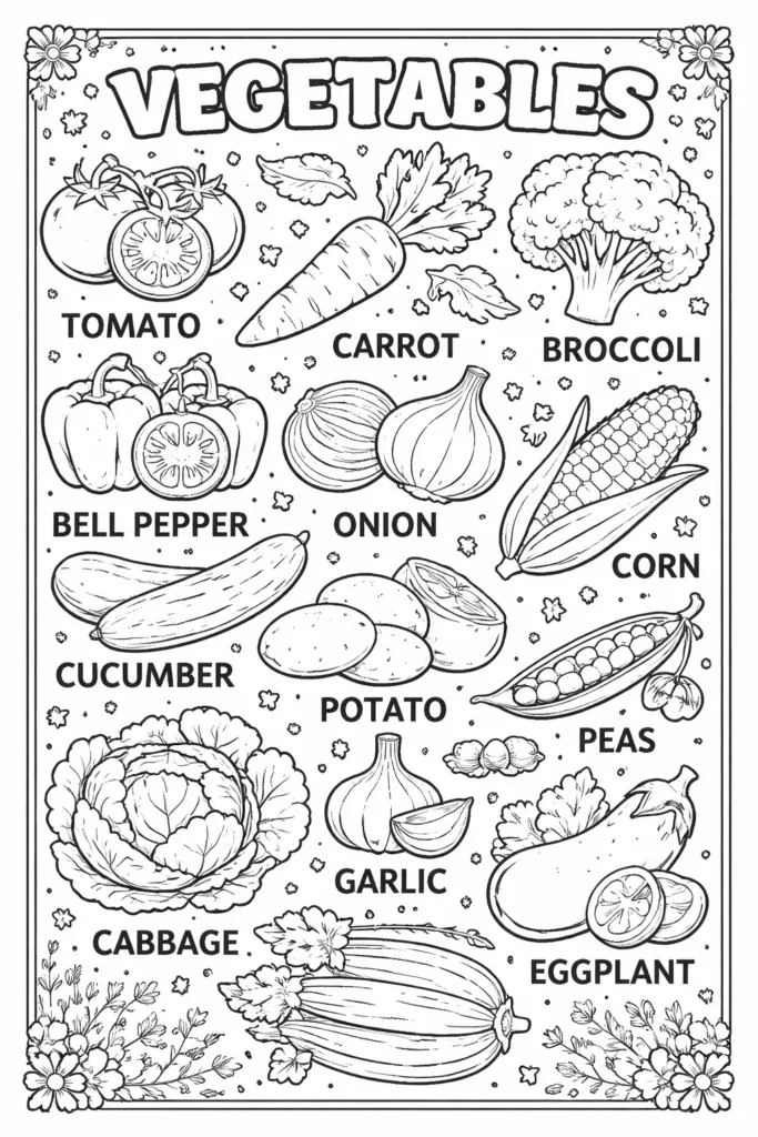 Vegetables Coloring Pages Free Printable for Kids - Design 1