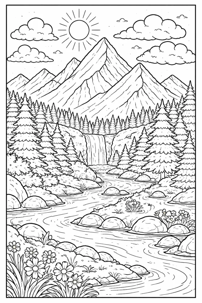 Beautiful Mountain coloring pages Free Printable Designs for Creative Fun - Design 3