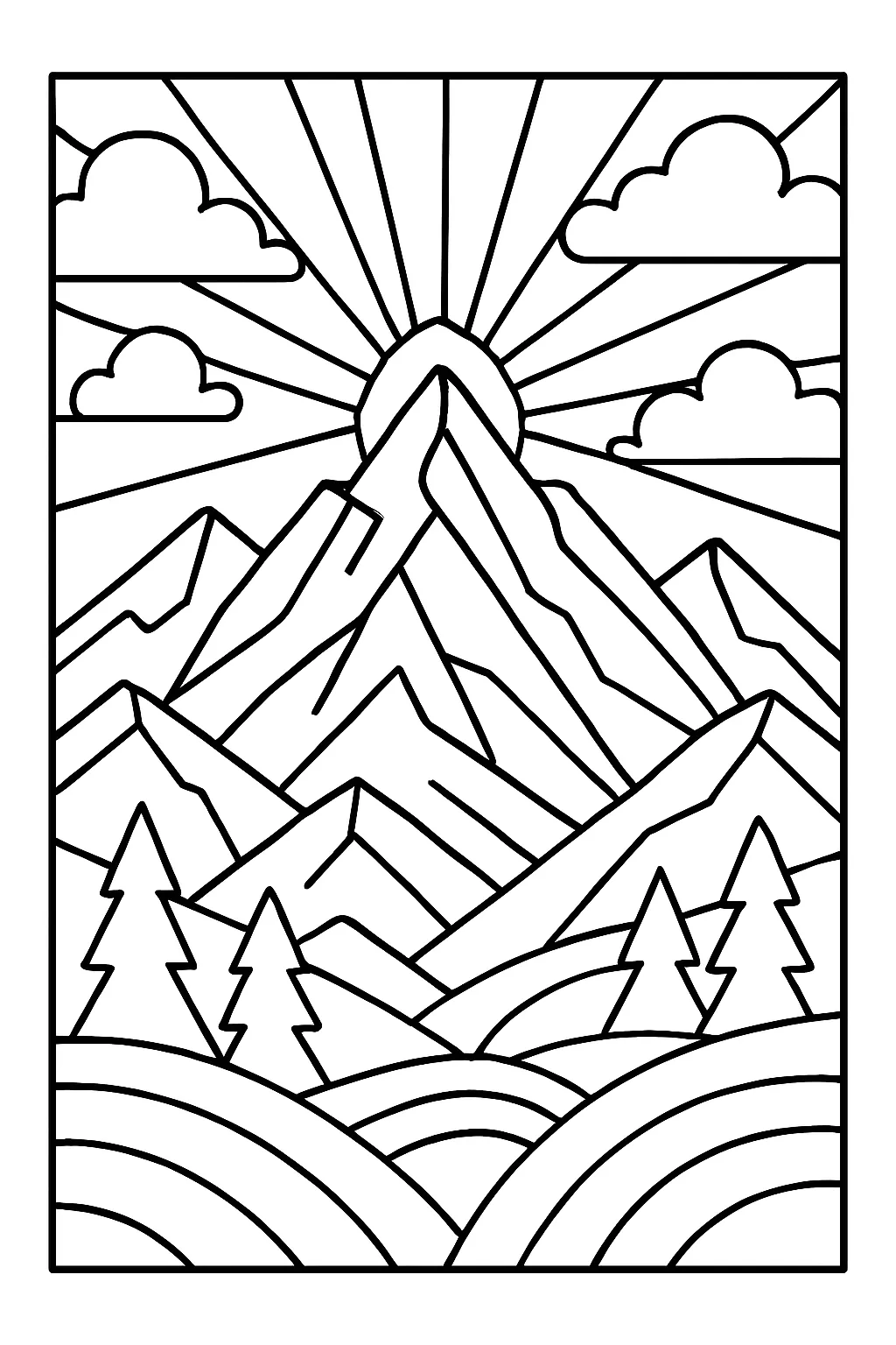 Free Mountain Coloring Pages to Print, Nature Coloring Sheets: Relaxing, Scenic Designs for Kids & Adults - Design 1