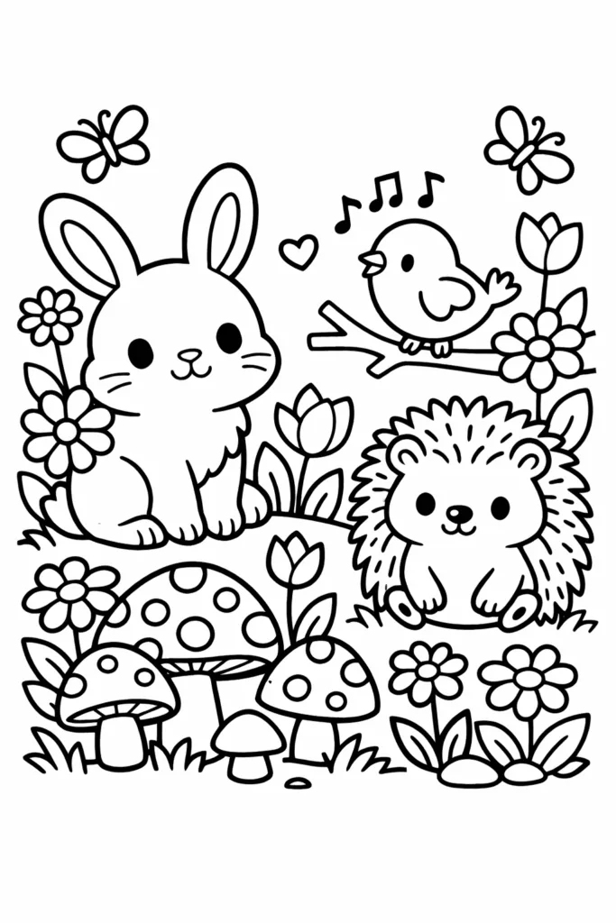 Cute Garden Animals Coloring Pages Free Printable for Kids - Design 1