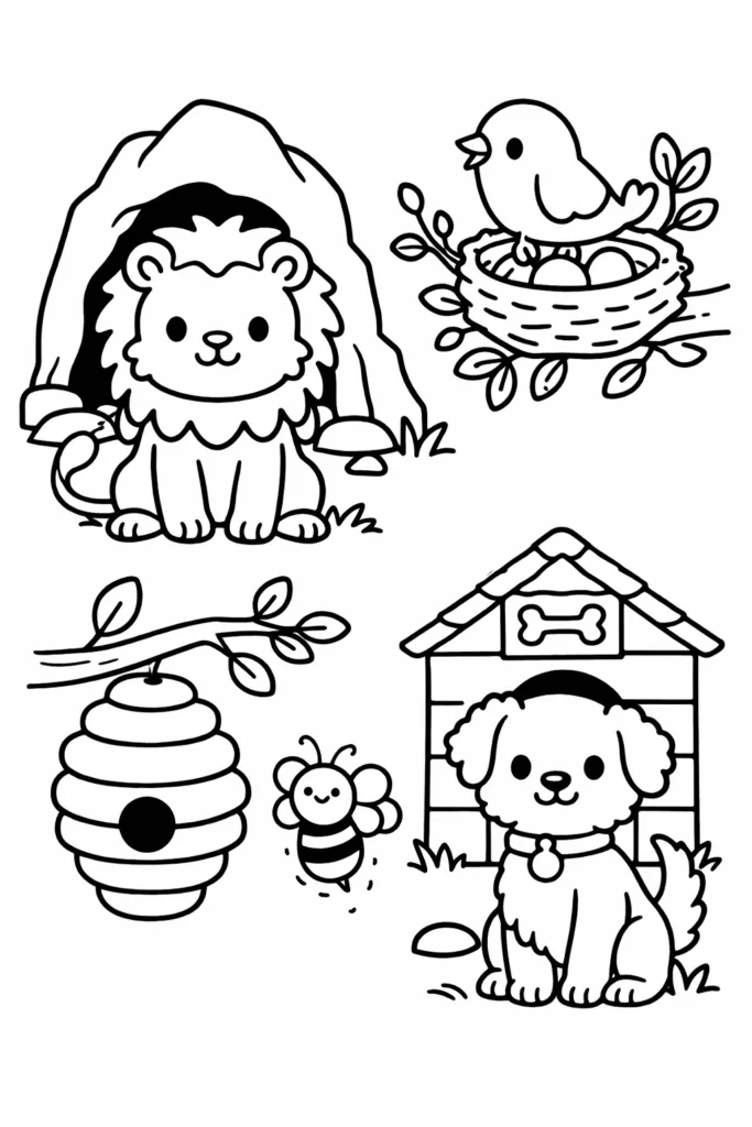 Animal Homes Coloring Pages Kids Printable Worksheet - Design 1