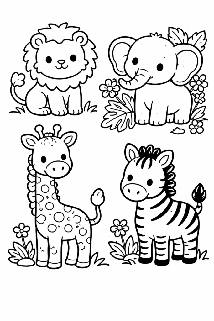Cute Safari Animals Coloring Pages Free Printable - Design 1