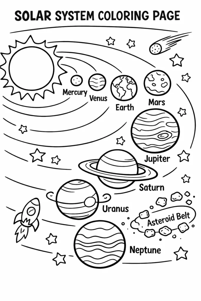 Solar System Coloring Pages Free Printable for Kids - Design 1