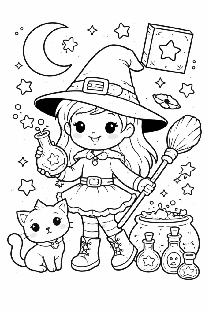 Cute Witch Girl Coloring Pages Free Printable for Kids - Design 1