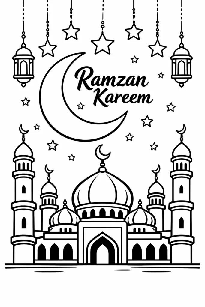 Ramzan Mosque coloring pages free printable for Kids - Design 1