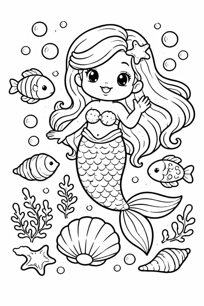 Cute Mermaid coloring pages free printable for Kids - Design 2