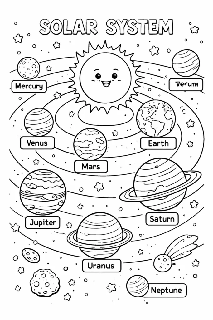 Solar System Learning Coloring Pages Free Printable - Design 1