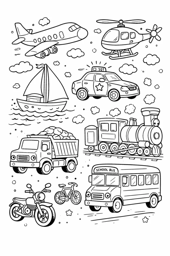 Transportation Vehicals Work Sheet Coloring Pages Free - Design 1