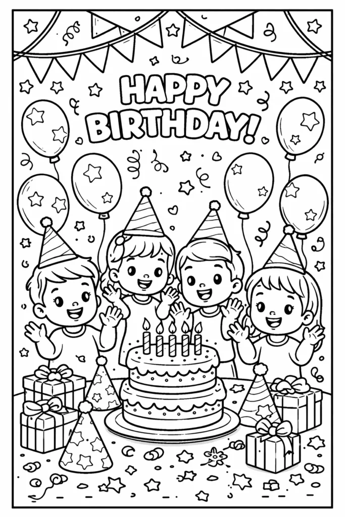 Cute Birthday Party Coloring Pages Free Printable - Design 1