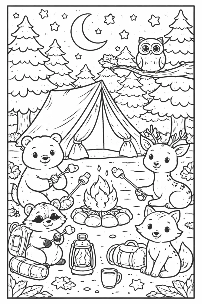 Forest Animals Camping Coloring Pages Free Printable - Design 2
