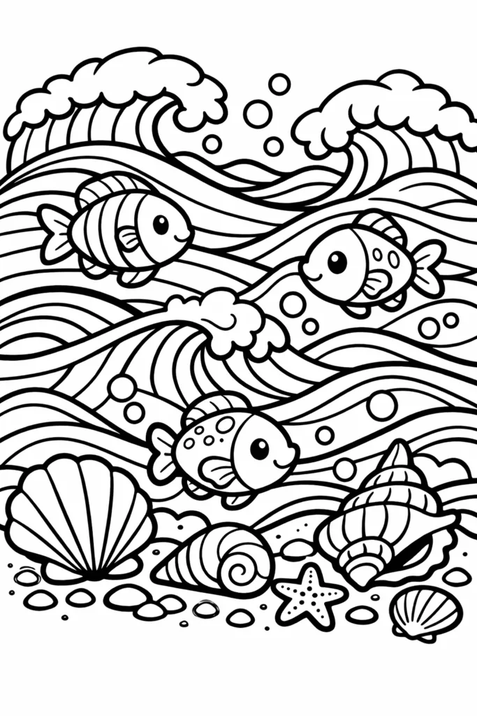 Ocean Waves Coloring Pages Free Printable for Kids - Design 3