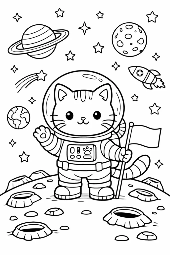 Cat Astronaut Space Coloring Pages Free Printable for Kids - Design 1