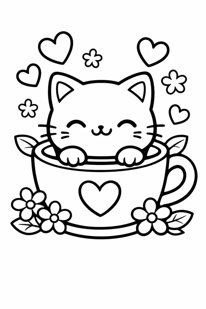 Kawaii Cat Coloring Pages Free Printable for Kids - Adorab - Design 1