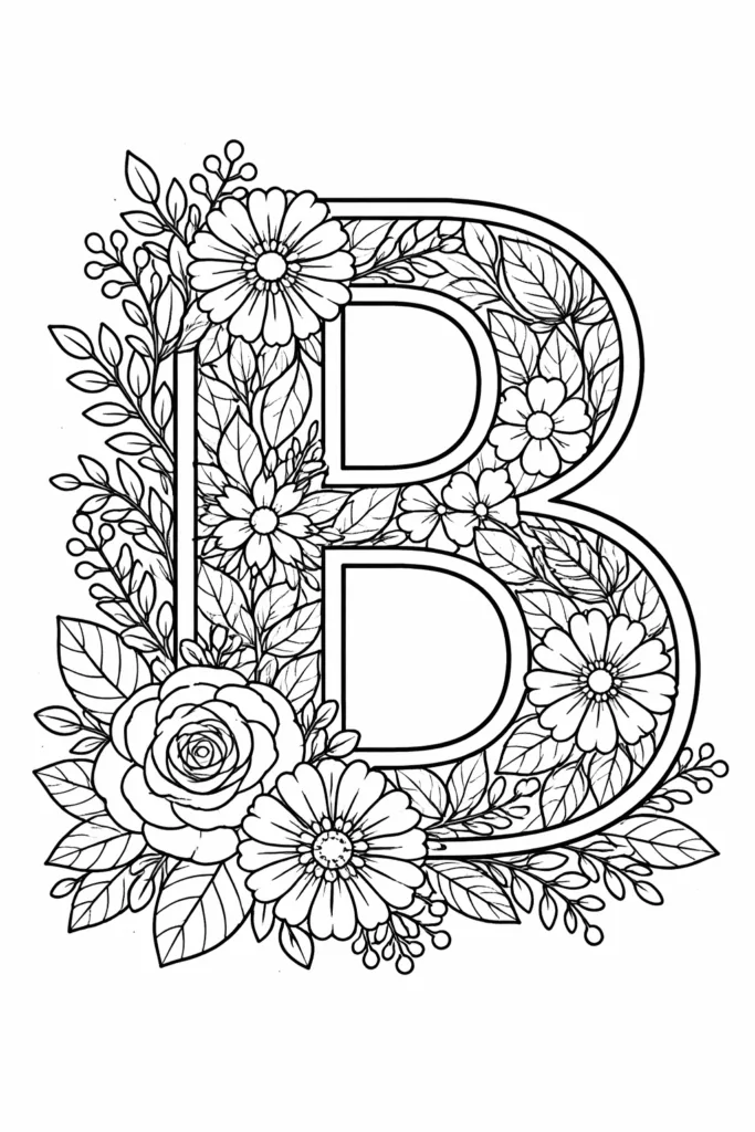 Floral Letter B Coloring Pages Free Printable - Beautiful - Design 1