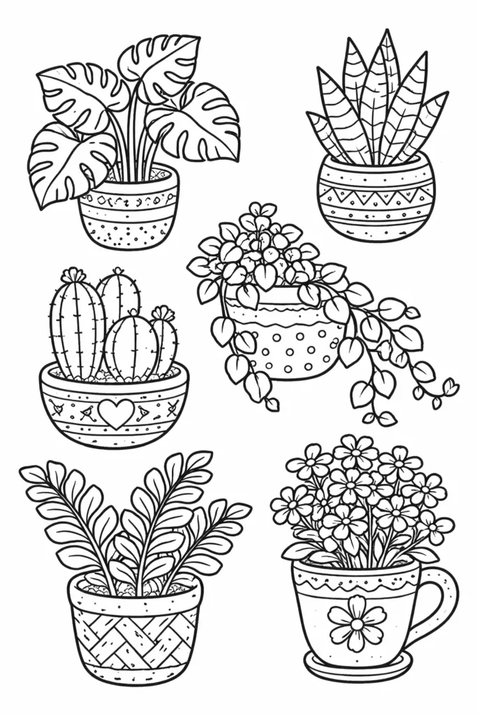 Plants in Pots Coloring Pages Free Printable - Design 1