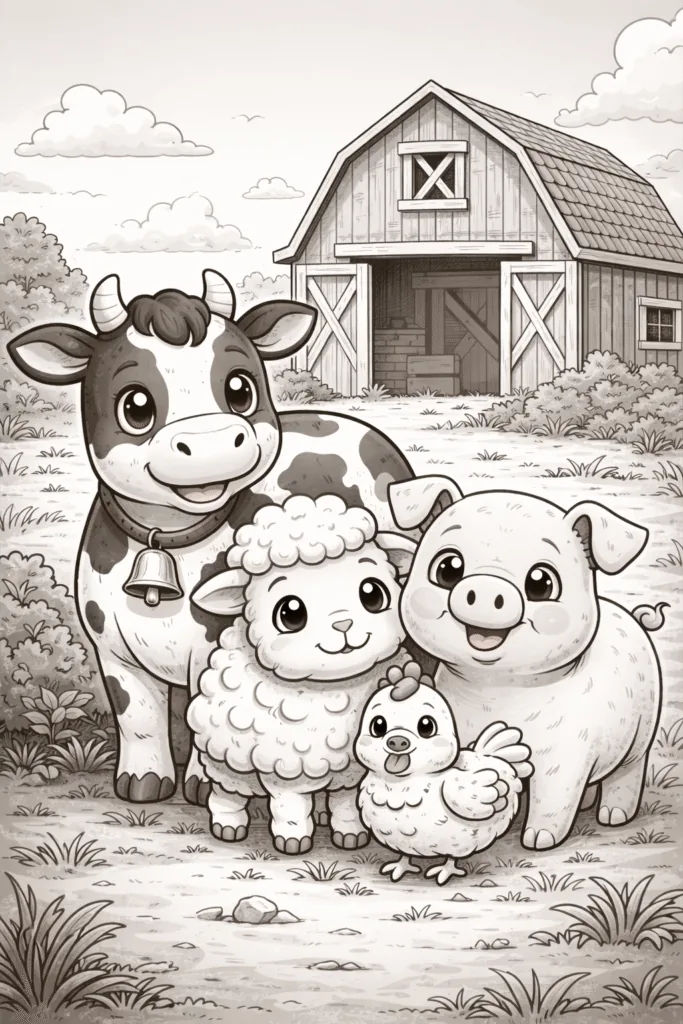 Farm animals coloring pages free printable - Cute - Design 1
