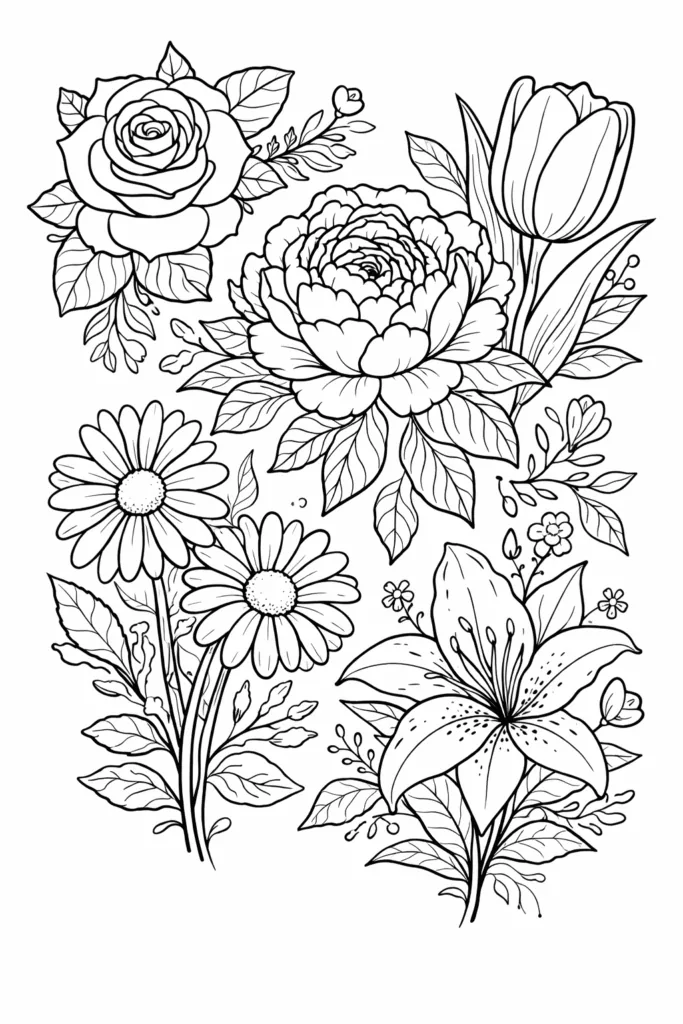 Flowers Coloring Pages Free Printable - Rose, Lily - Design 1