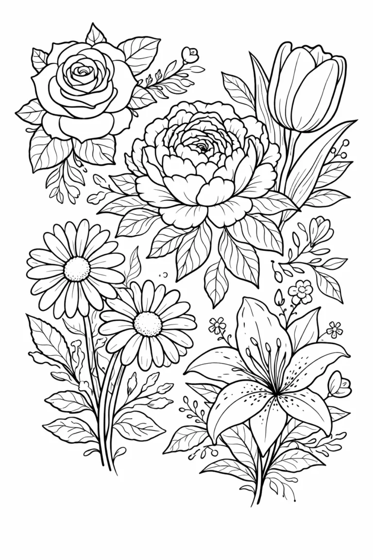 5 flowers coloring pages free printable