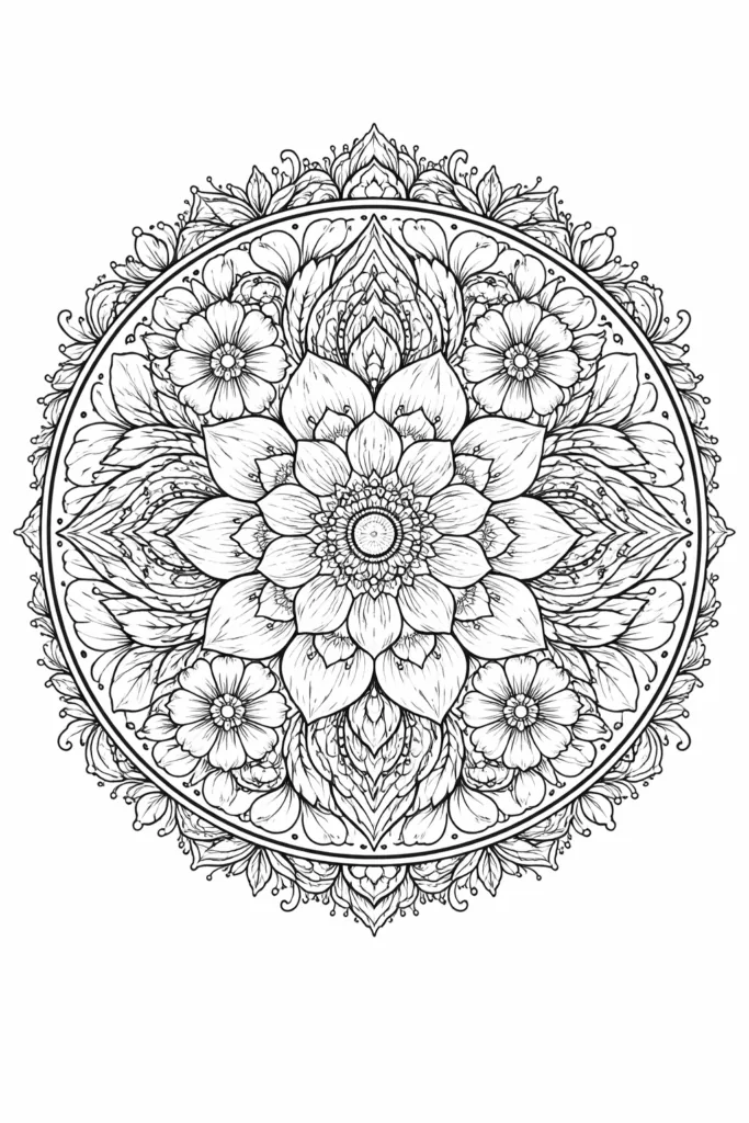 Circular Flower Mandala, Stress-Relief Coloring Page Free - Design 1