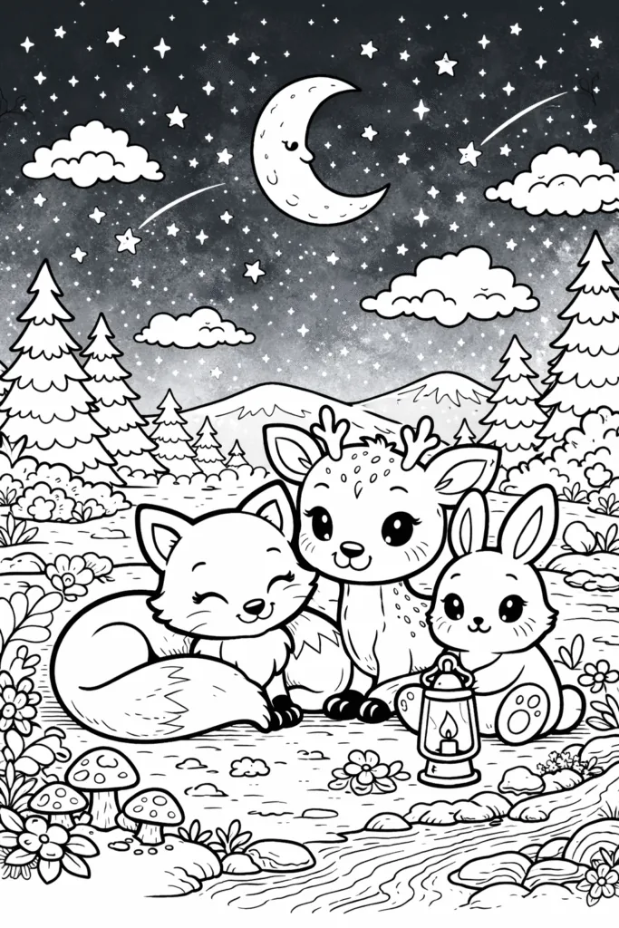 Forest Animals Coloring Pages Night Scene Free Printable - Design 1