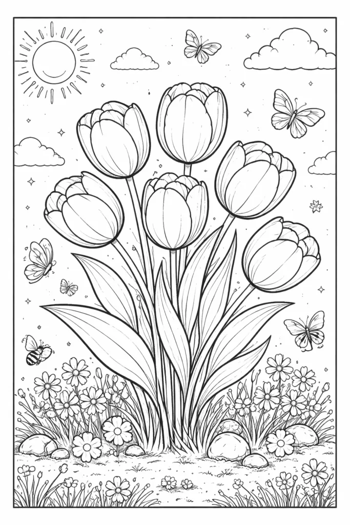 Tulip Flowers Coloring Pages Free Printable - Design 1