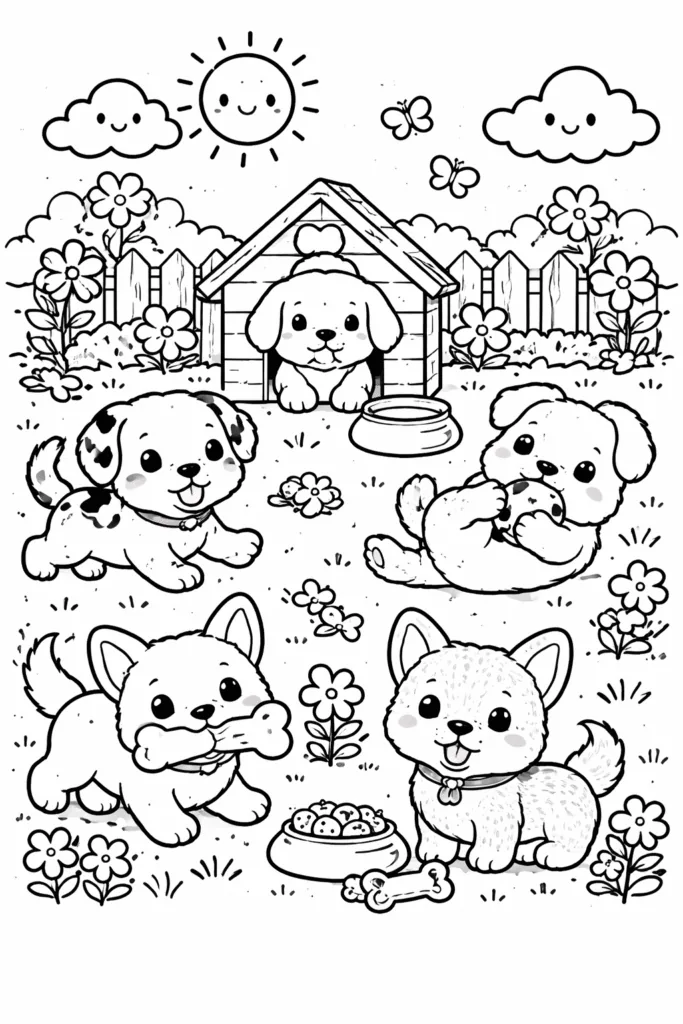Playful Puppies Coloring Pages Free Prinable - Cute - Design 1