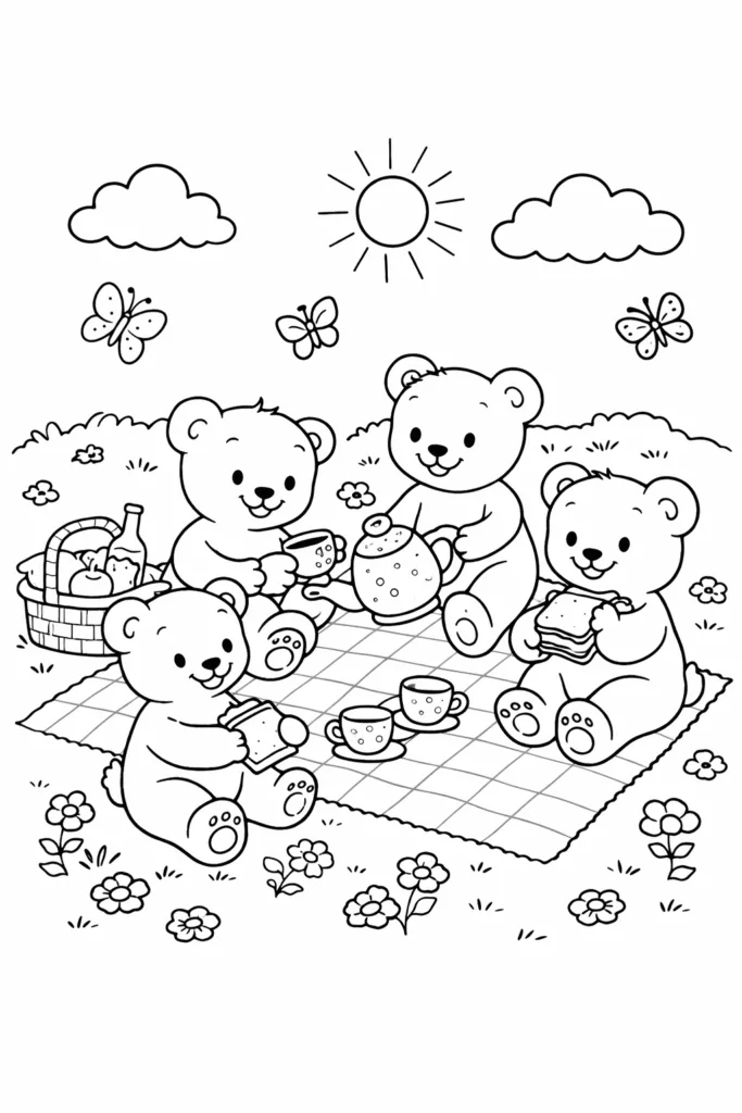 Teddy Bear Picnic Coloring Pages Free Printable - Design 1