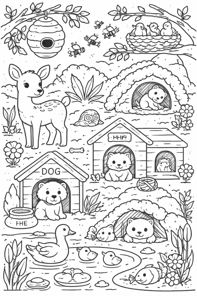 Animals and Their Homes Coloring Pages Free Printable - Design 1