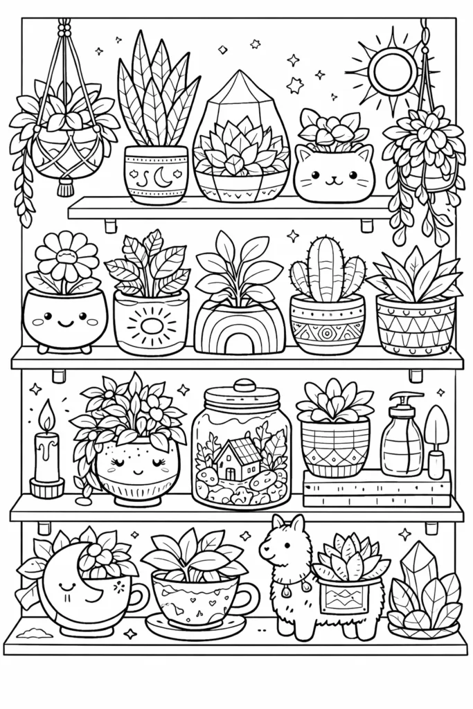 Plants in Aesthetic Pots Coloring Pages Free Printable - Design 1