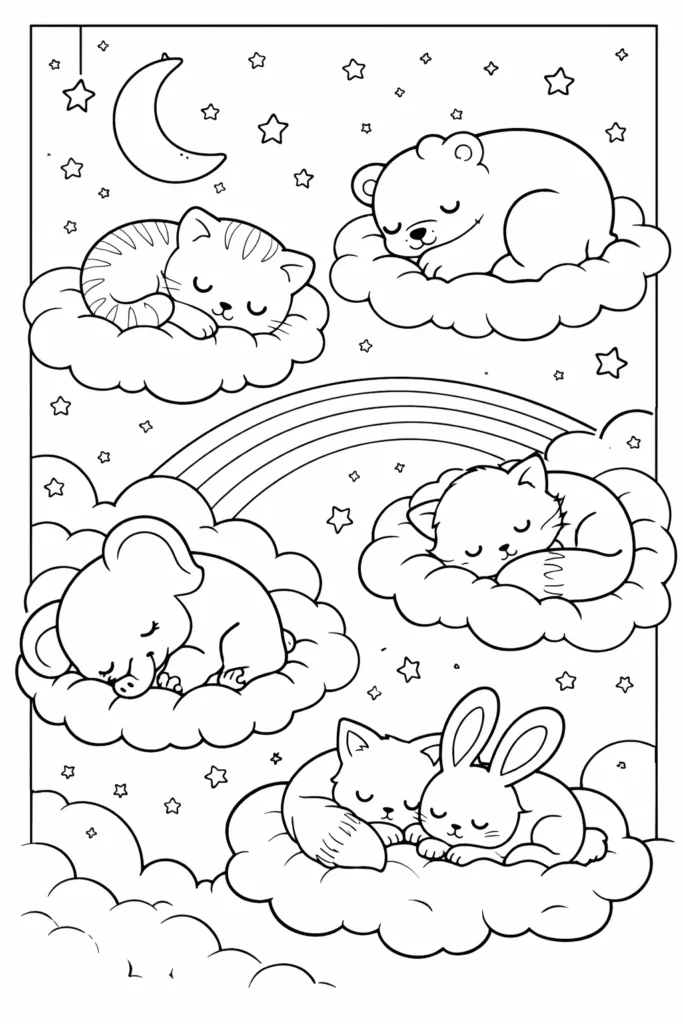 Baby Animals Sleeping on Clouds Coloring Pages Free - Design 1