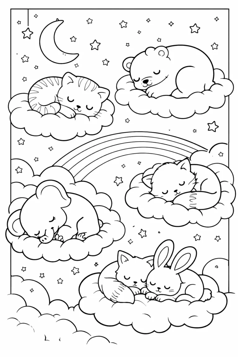 baby animals sleeping on clouds coloring pages free printable