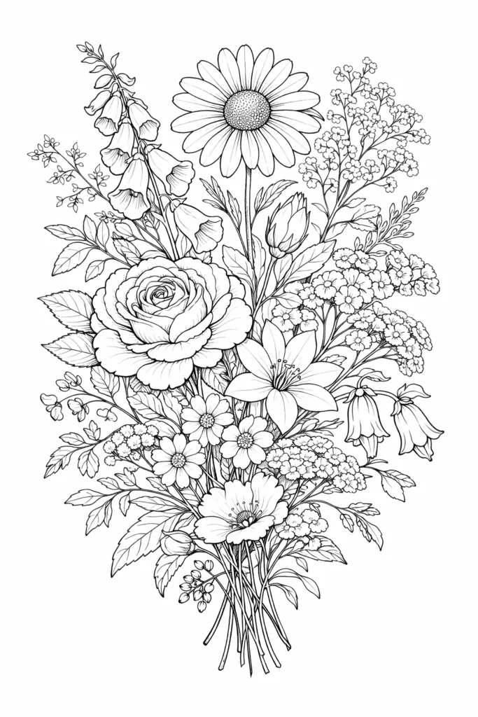 Flowers Coloring Pages Free Printable for Kids & Adults - Design 1