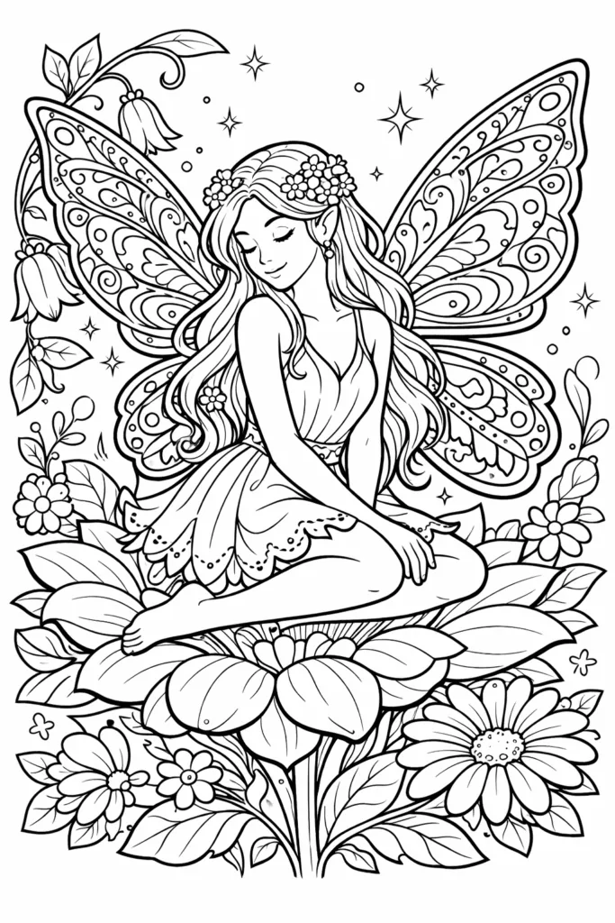 Fairy Coloring Pages Free Printable for Kids & Adults - Design 1