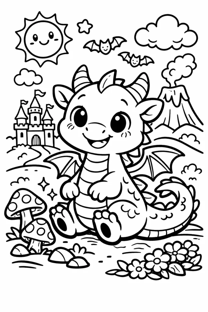 Cute Dragon coloring pages free printable for Kids - Fanta - Design 1