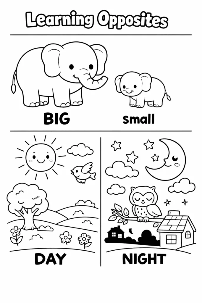 Learning Opposites Coloring Pages Worksheet Free Printable - Design 1