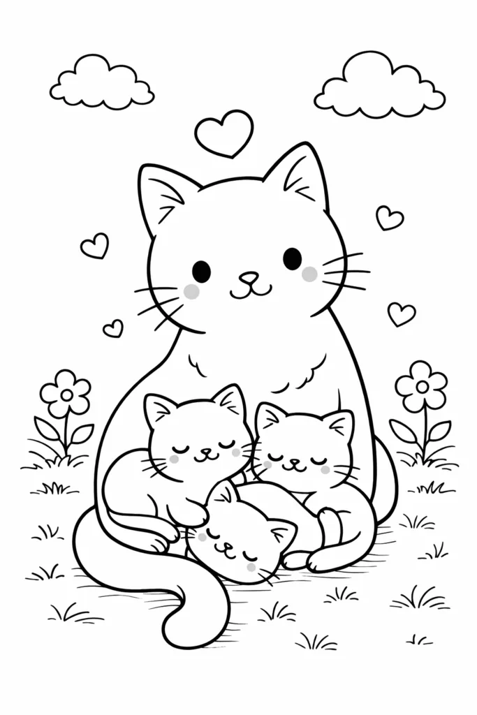 Cat with Kittens Coloring Pages Free Printable for Kids - Design 2