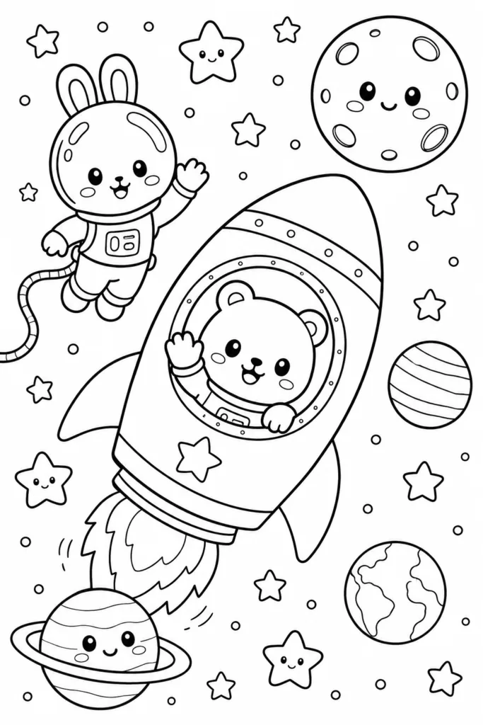 Kawaii Animals in Space Coloring Pages Free Printable - Design 1