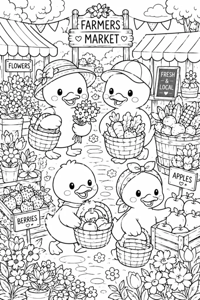 Cute Ducks Coloring Pages Free Printable for Kids - Adorab - Design 1