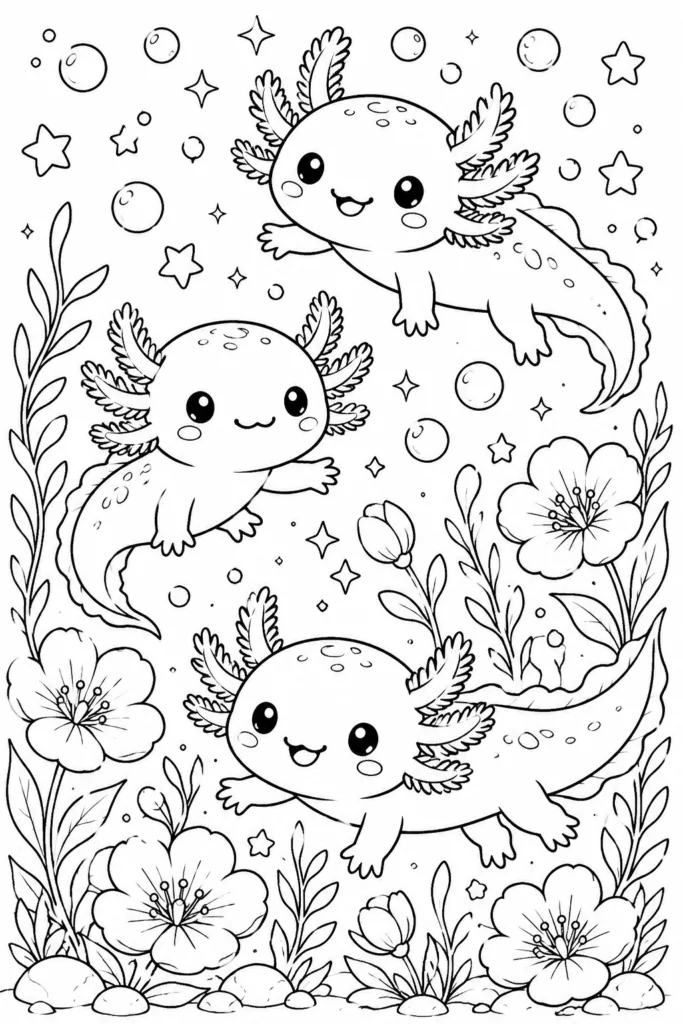Kawaii Axolotls Coloring Pages Free Printable for Kids - Design 1