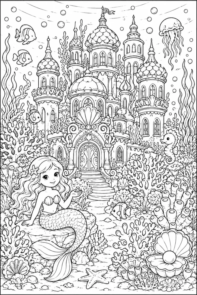 Mermaid palace coloring pages free printable for Kids - Design 1