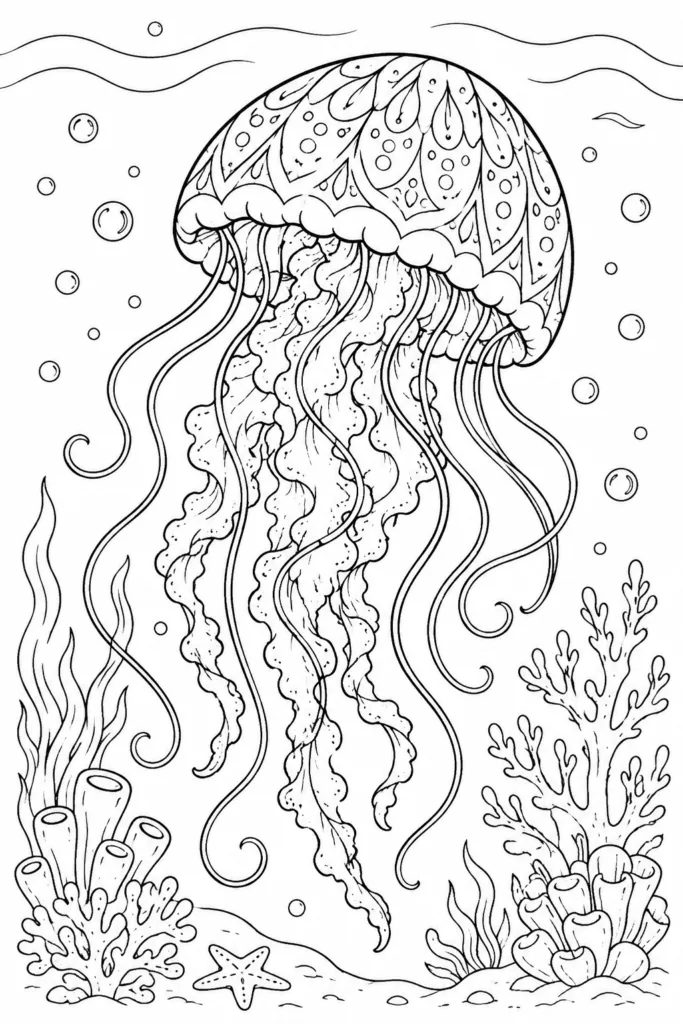 Jelly Fish Coloring Pages Free Printable for Kids - Beauti - Design 5