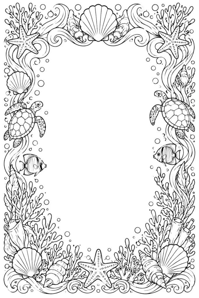 Ocean Theme Frame Coloring Pages Free Printable - Beautifu - Design 1