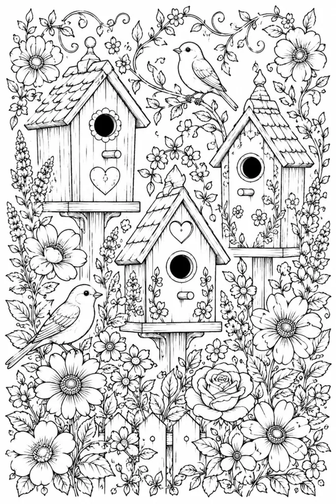 Cute Birdhouses Coloring Pages Free Printable for Kids - Design 2