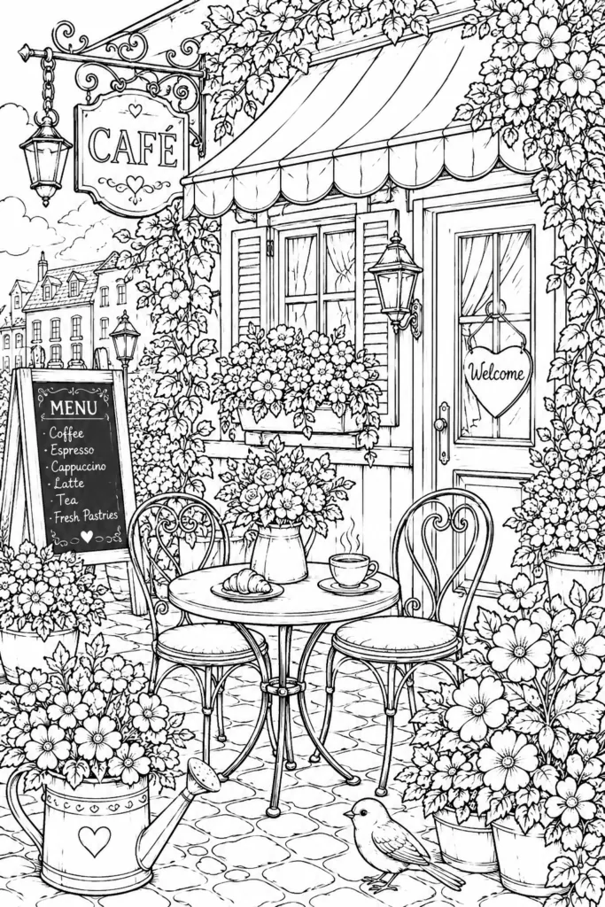 Outdoor Cafe Coloring Pages Free Printable for Kids - Char - Design 1
