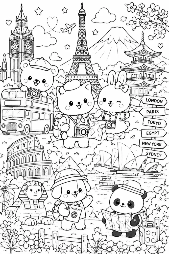 Kawaii Animals Coloring Pages Free Printable for Kids - Design 1