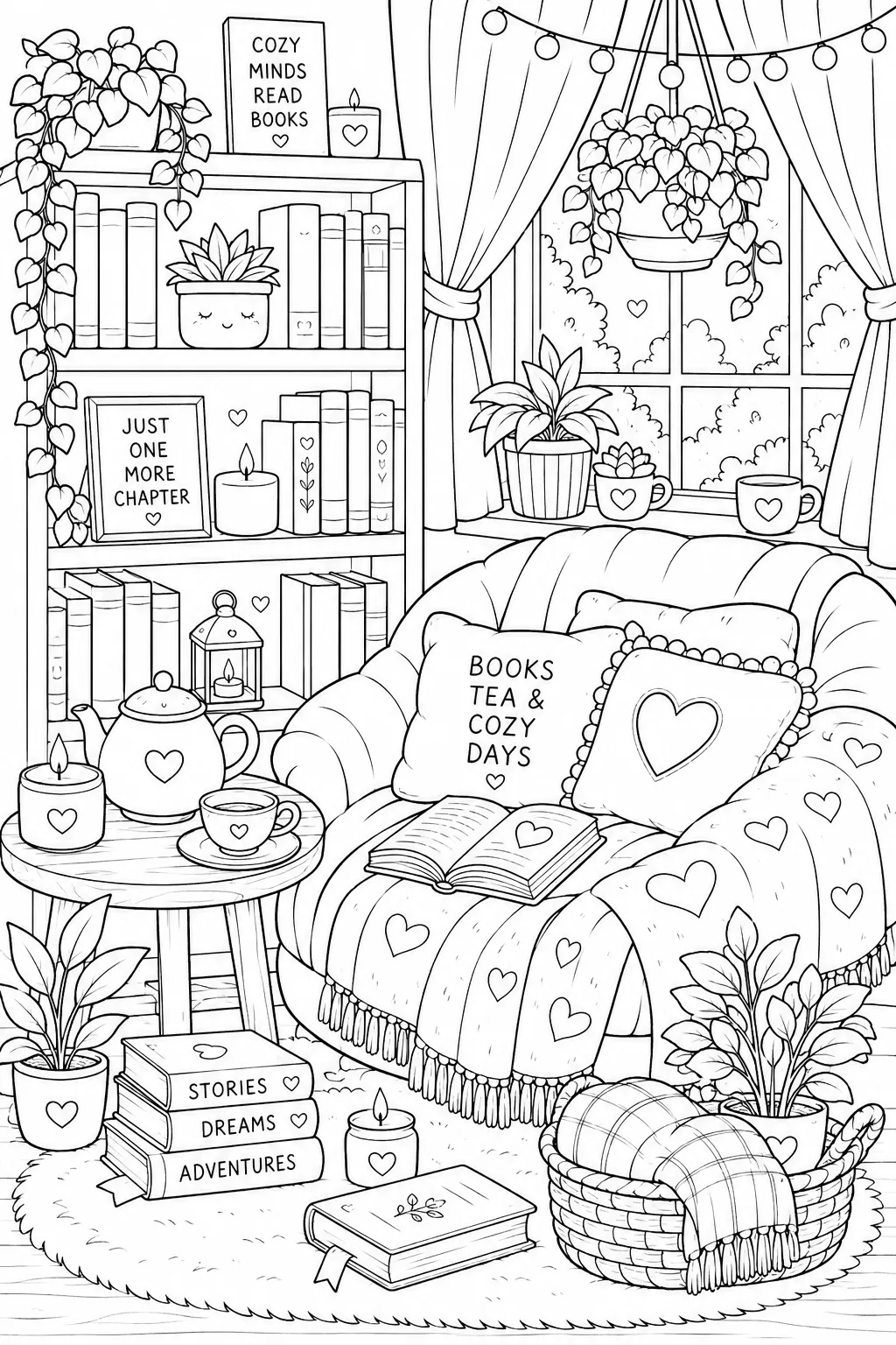 Cozy Reading Nook Coloring Pages Free Printable - Relaxing - Design 1
