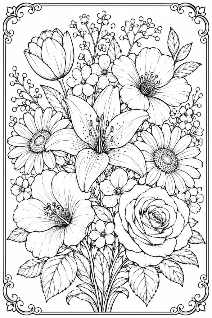 Flowers Coloring Pages Free Printable - Beautiful Floral - Design 5