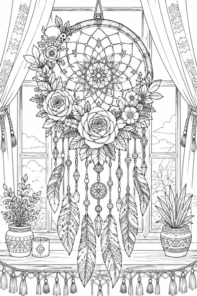Dream Catchers Coloring Pages Free Printable - Beautiful - Design 1